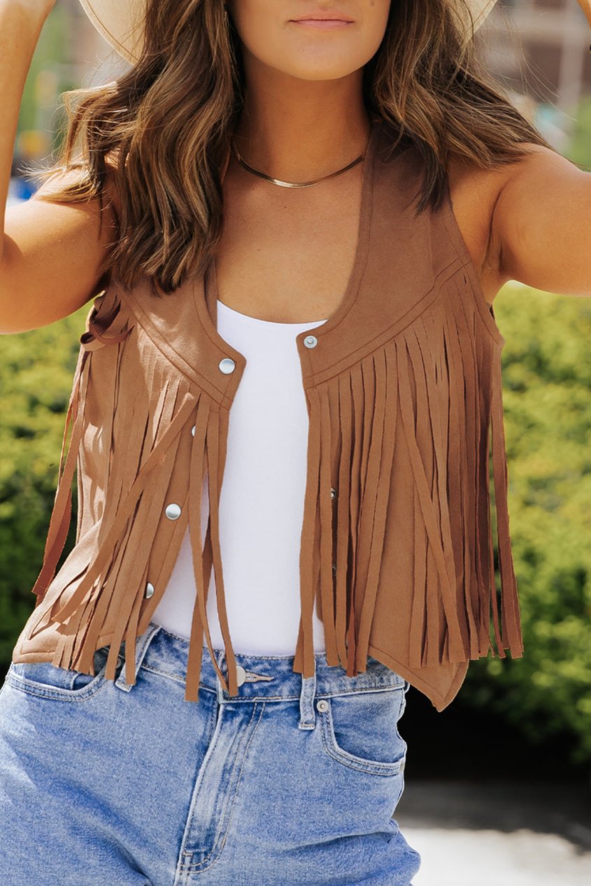 Suede Fringe Snap Button Vest