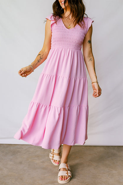 Smocked V-Neck Flutter Sleeve Tiered Midi Dress
