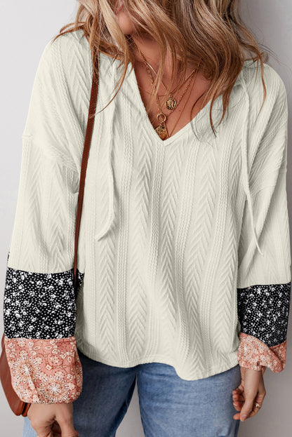 Floral Patchwork Textured Knit V-Neck Blouse