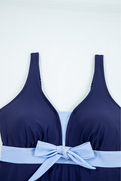 Floral Colorblock Patchwork Bow Sleeveless Swim Dress