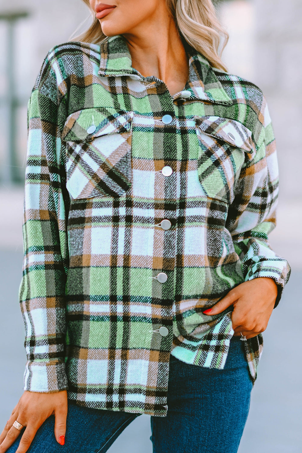 Plaid Button Front Pocketed Shacket