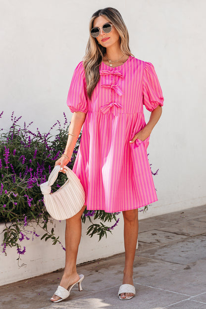 Stripe Bow Tie Front Short Puff Sleeve Dress