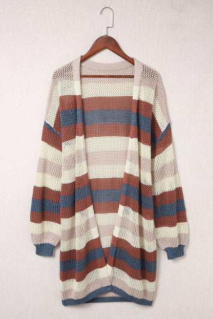 Stripe Colorblock Hollowed Knit Cardigan