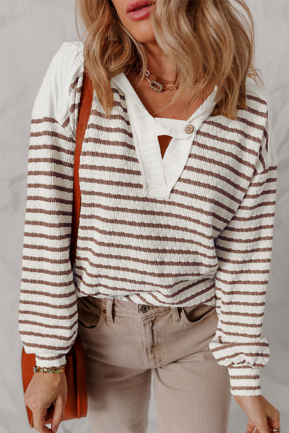 Stripe Textured Long Sleeve Hooded V-Neck Top