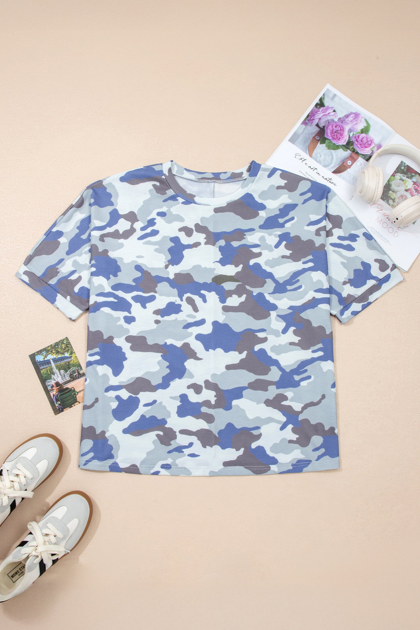 Plus Size Camo Waffle Knit Short Sleeve Tee
