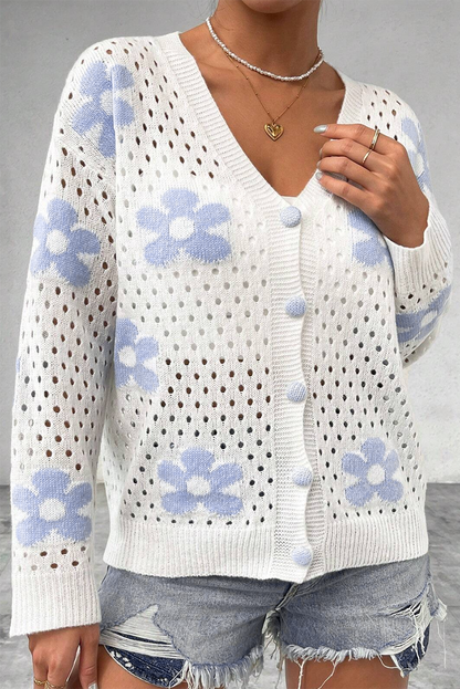 Floral Hollowed Knit Buttoned Cardigan