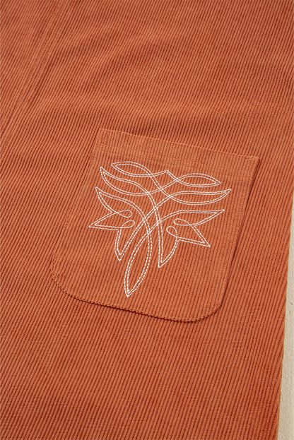 Western Corduroy Embroidered Patch Pocket Mini Dress
