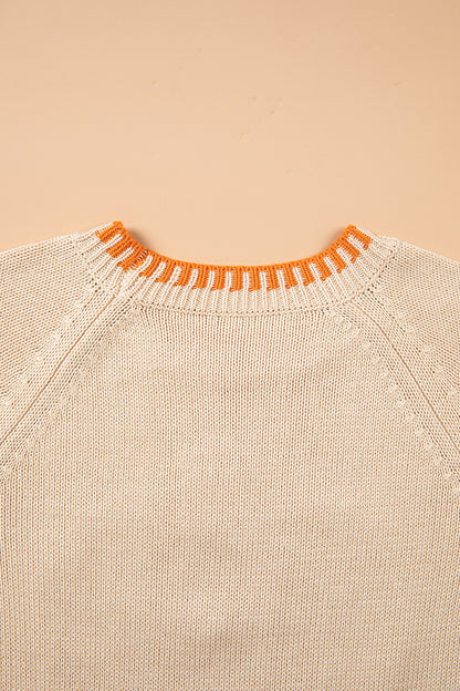Pumpkin Floral Embroidered Round Neck Sweater