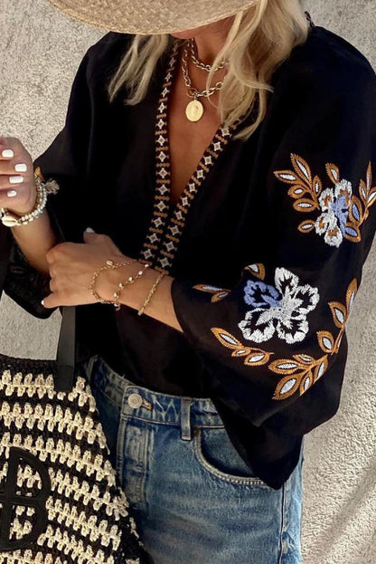 Boho Floral Embroidered V-Neck Blouse