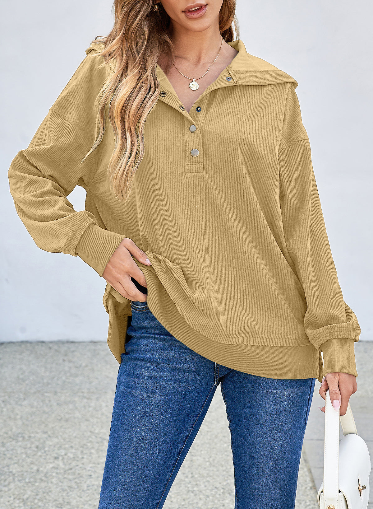 Solid Ribbed Knit Buttoned Hoodie