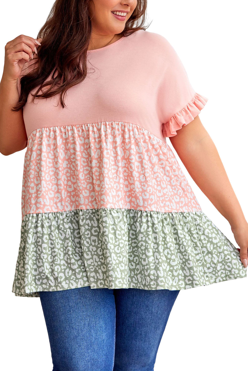 Leopard Colorblock Ruffle Top Plus Size