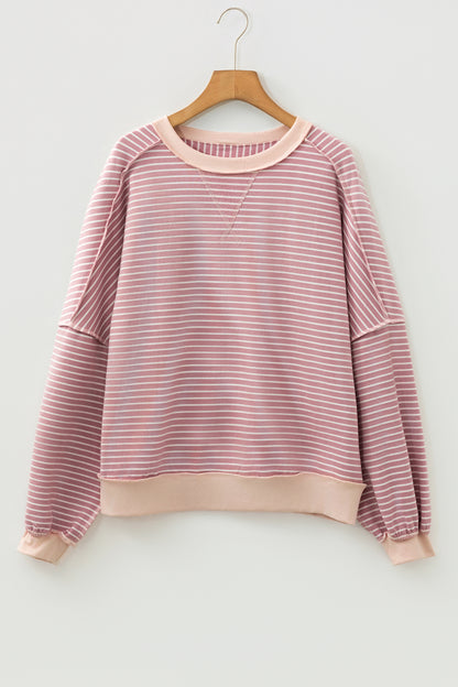 Stripe Patchwork Exposed Stitching Long Sleeve Top