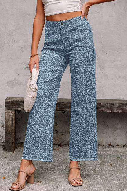 Leopard Frayed Edge High Waist Wide Leg Jeans