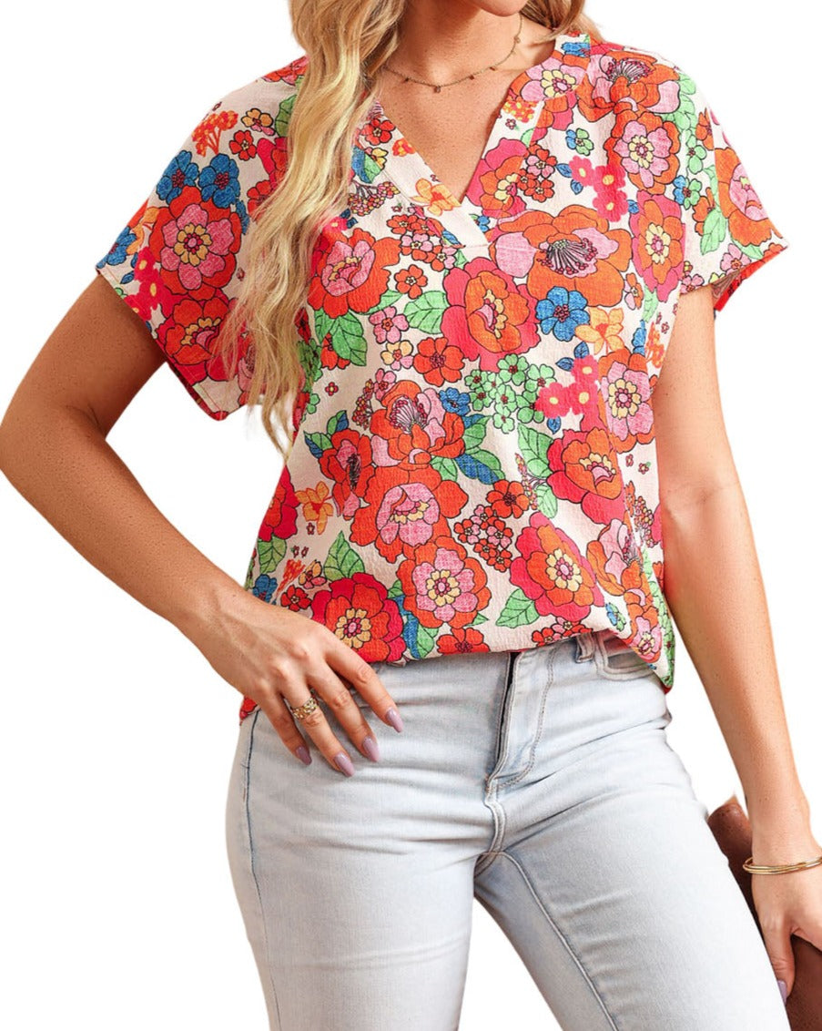 Floral Short Sleeve V-Neck Top