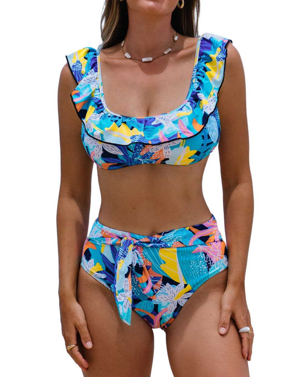 Tropical Ruffle High Waist Swimsuit