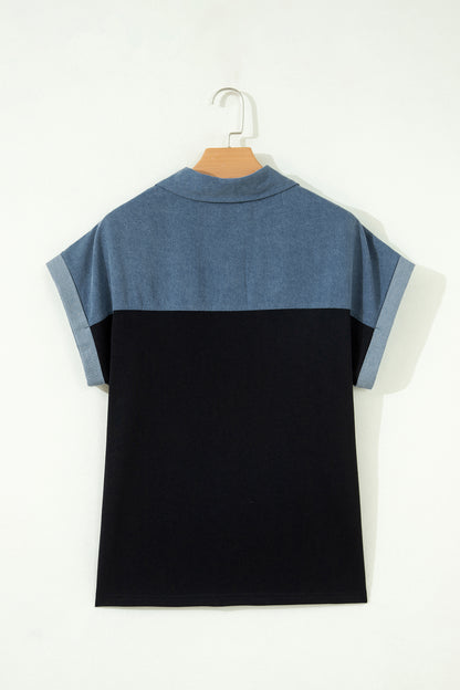 Colorblock Denim Patchwork Polo Collar Top