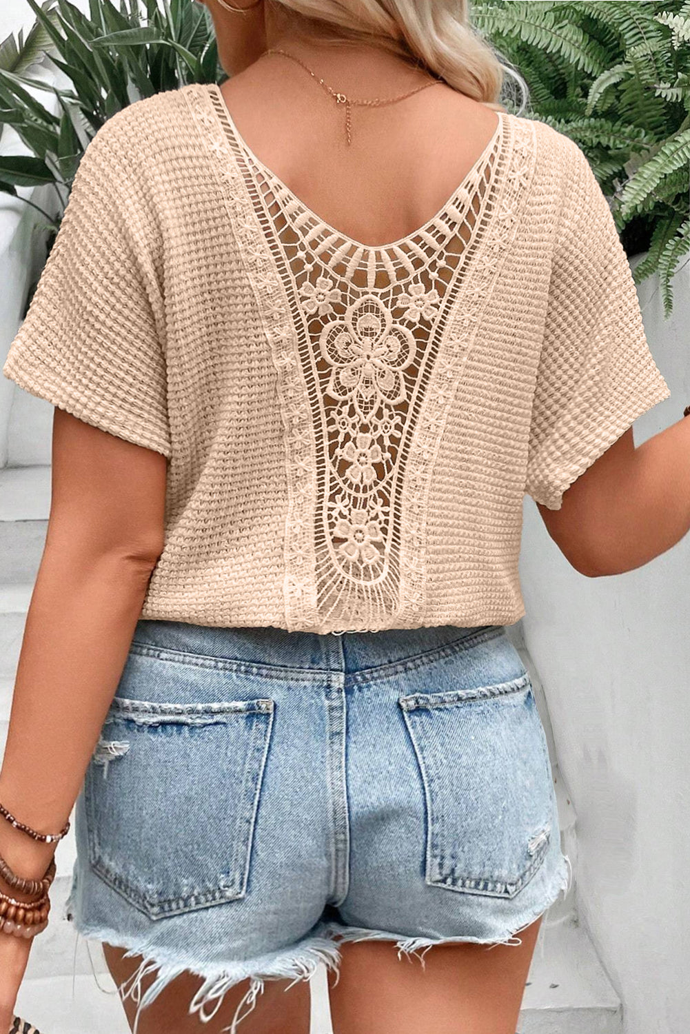 Lace Back Waffle Tee Plus Size