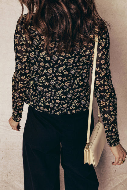 Black Floral Print Mesh Tank Button Front Slim Cardigan 2pcs Set