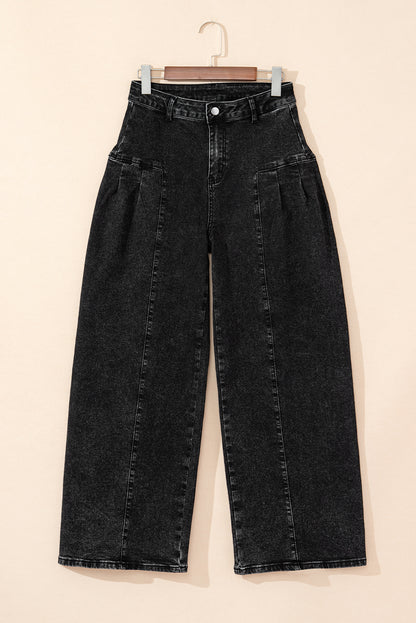 Mineral Wash Pleated Wide Leg Denim Pants