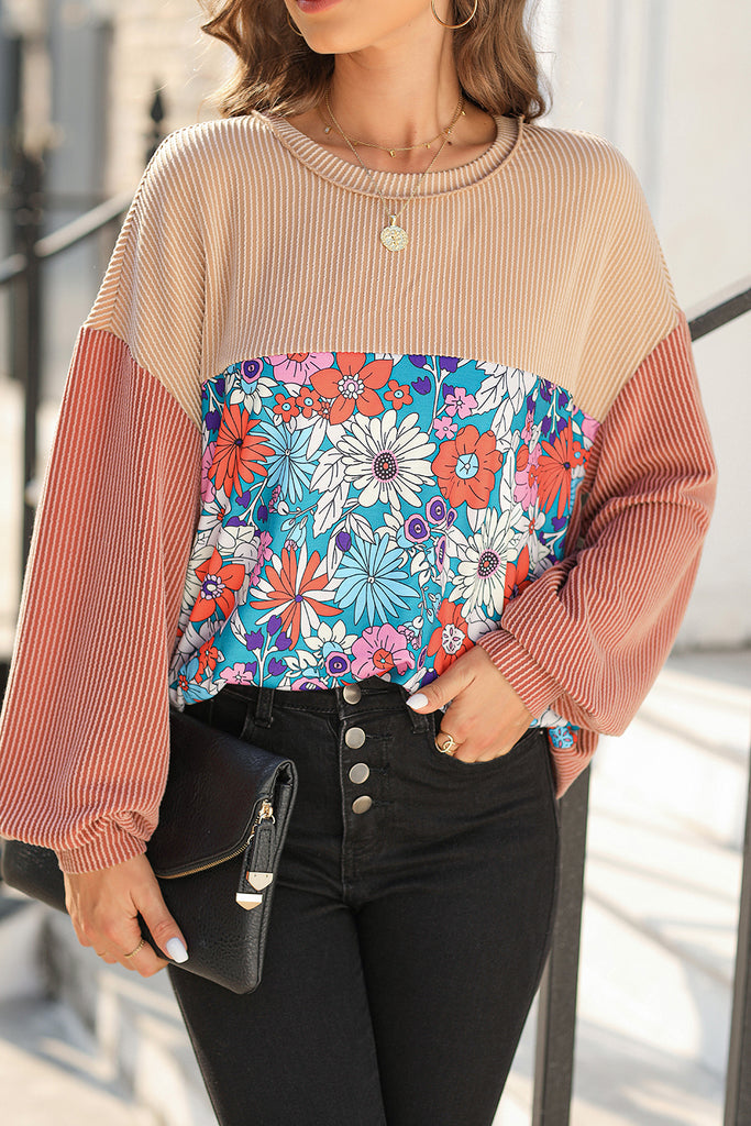 Floral Colorblock Ribbed Top