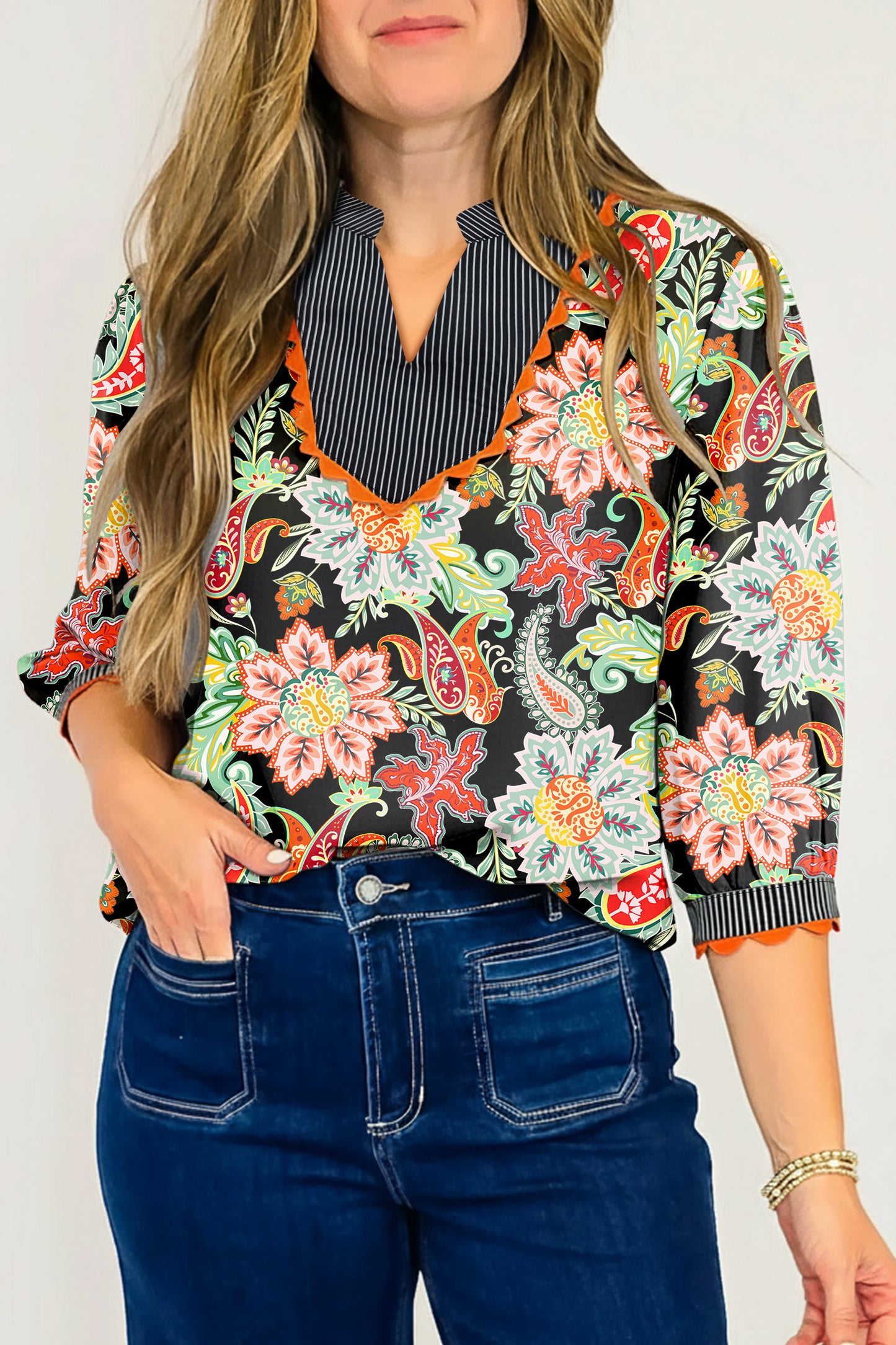 Floral Stripe Patchwork Ricrac Trim Blouse