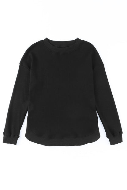 Waffle Ribbed Trim Crewneck Top