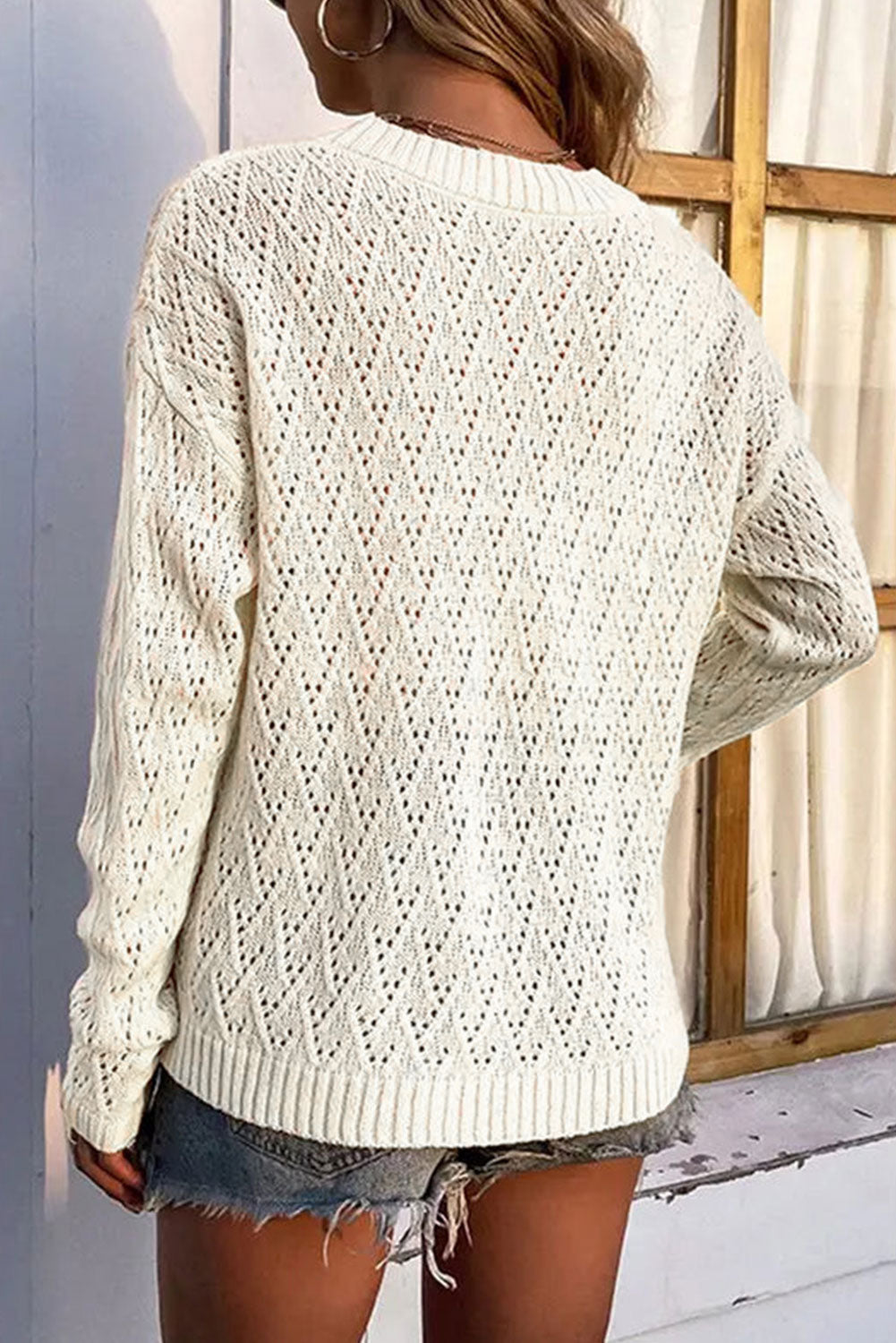 Eyelet Knit Ribbed Trim Sweater