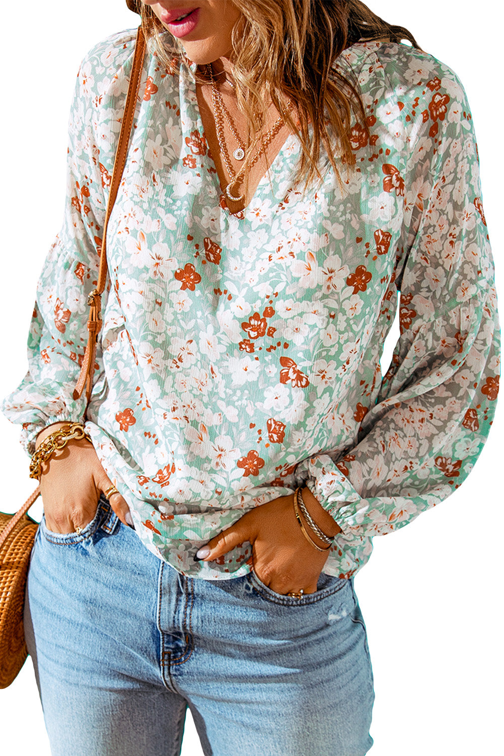 Floral Puff Sleeve V-Neck Top