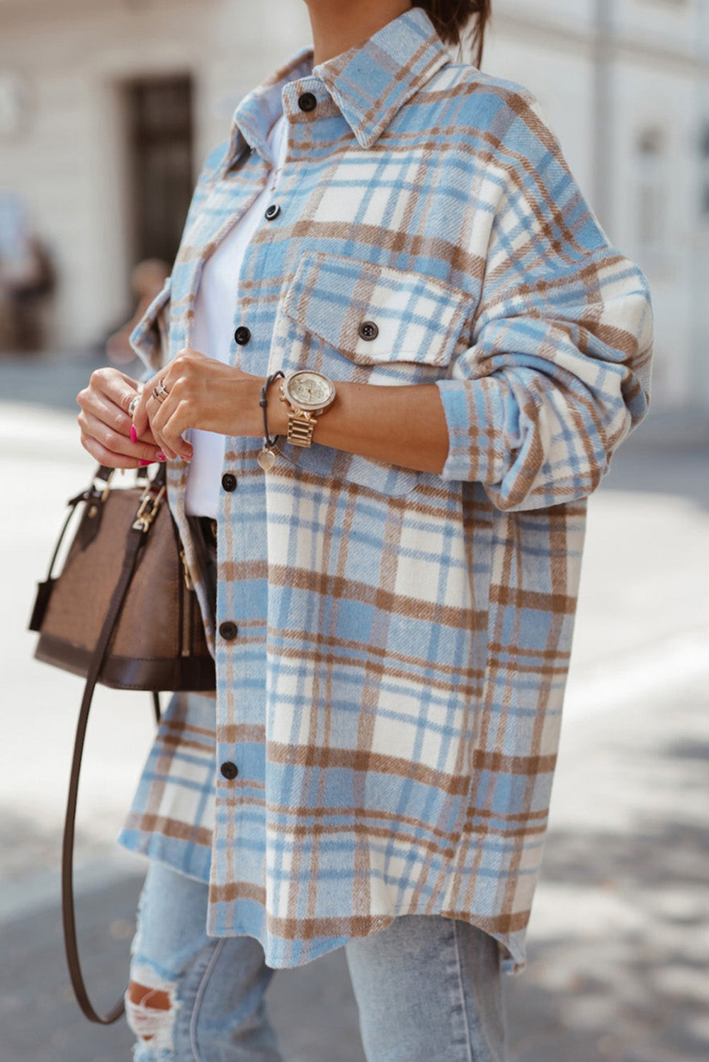 Plaid Flap Pocket Buttoned Shacket