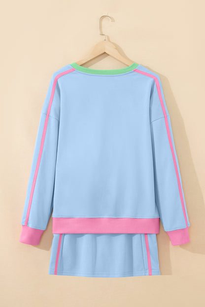 Colorblock Ribbed V-Neck & Skort Athleisure Set