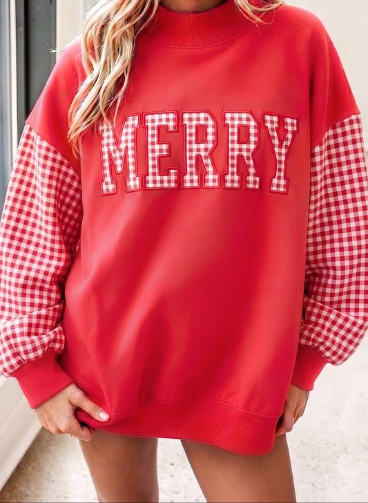 Fiery Red Gingham Plaid Oversized Pullover Sweatshirt