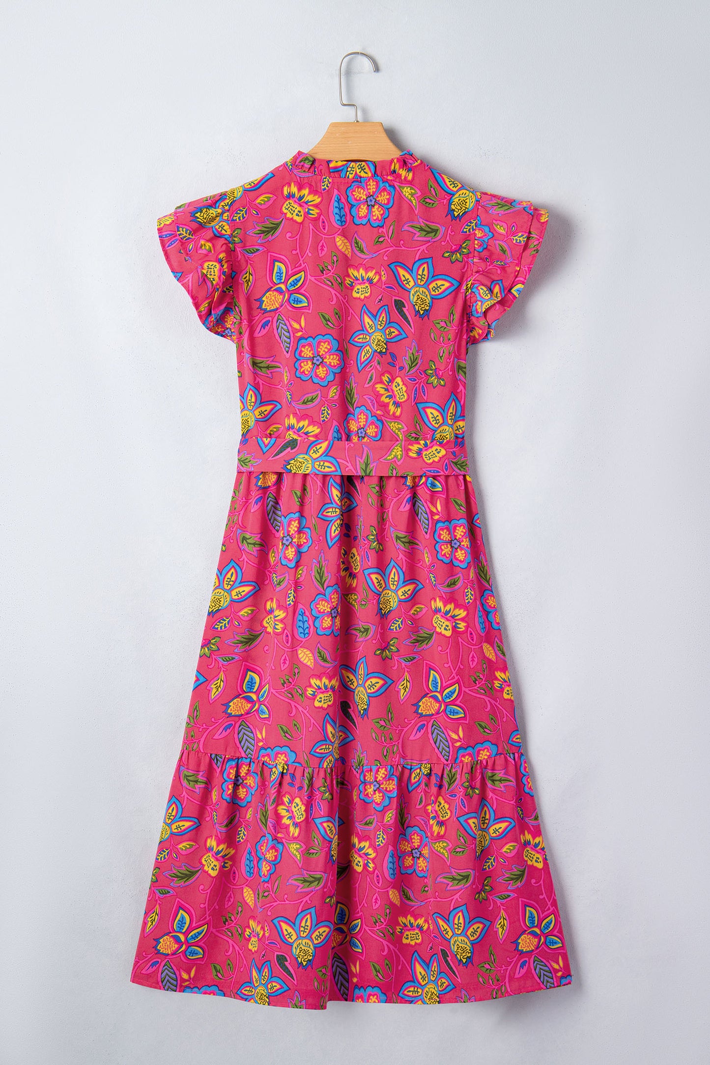 Floral Flutter Sleeve V-Neck Belted Midi Dress