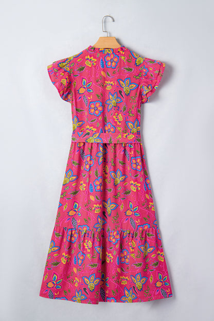 Floral Flutter Sleeve V-Neck Belted Midi Dress
