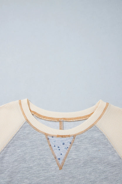 Floral Waffle Patchwork Raglan Long Sleeve Top