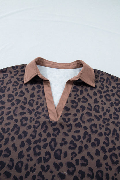 Plus Size Leopard Collared Top & Drawstring Shorts Set