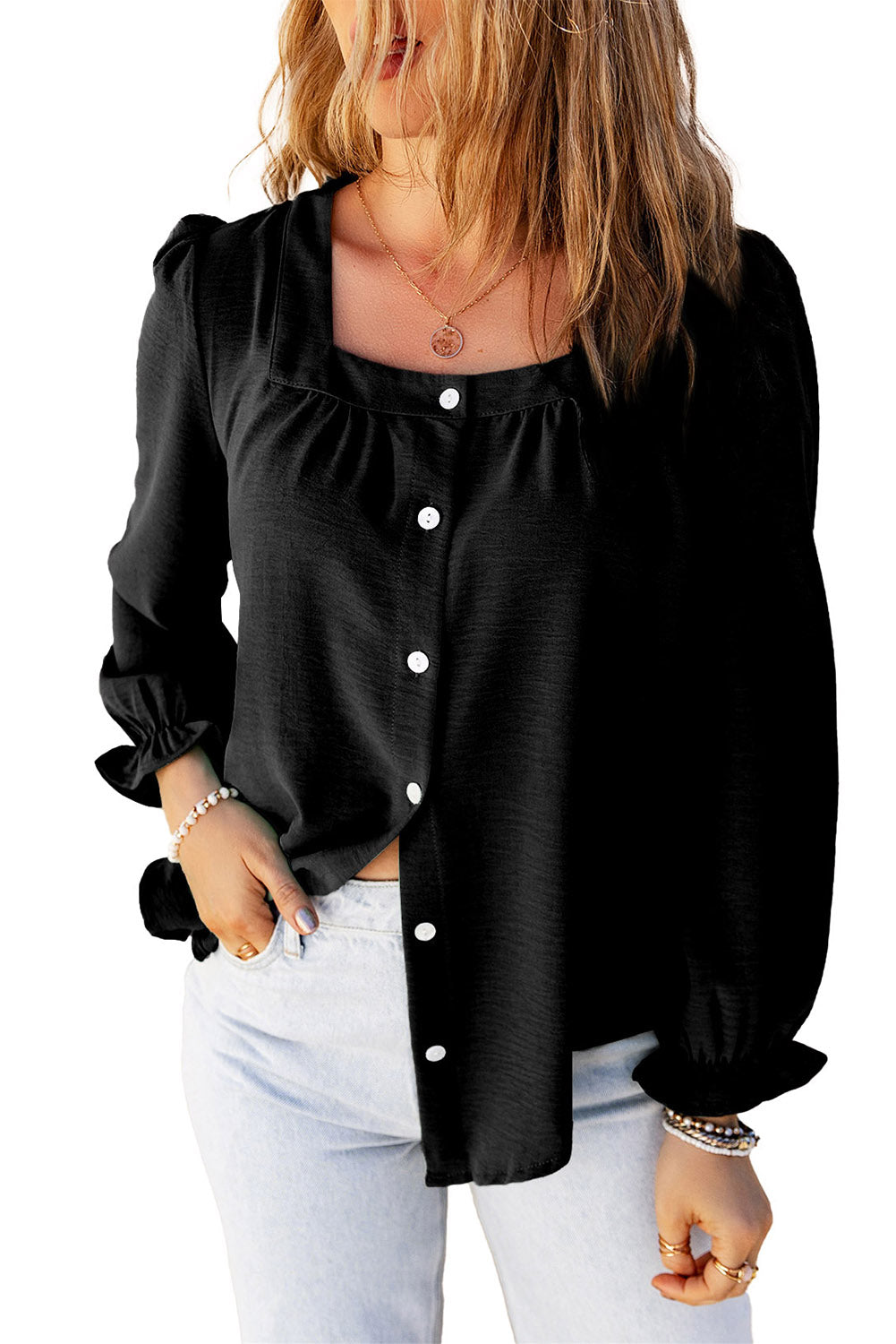 Ruffle Puff Sleeve Buttoned Shirt