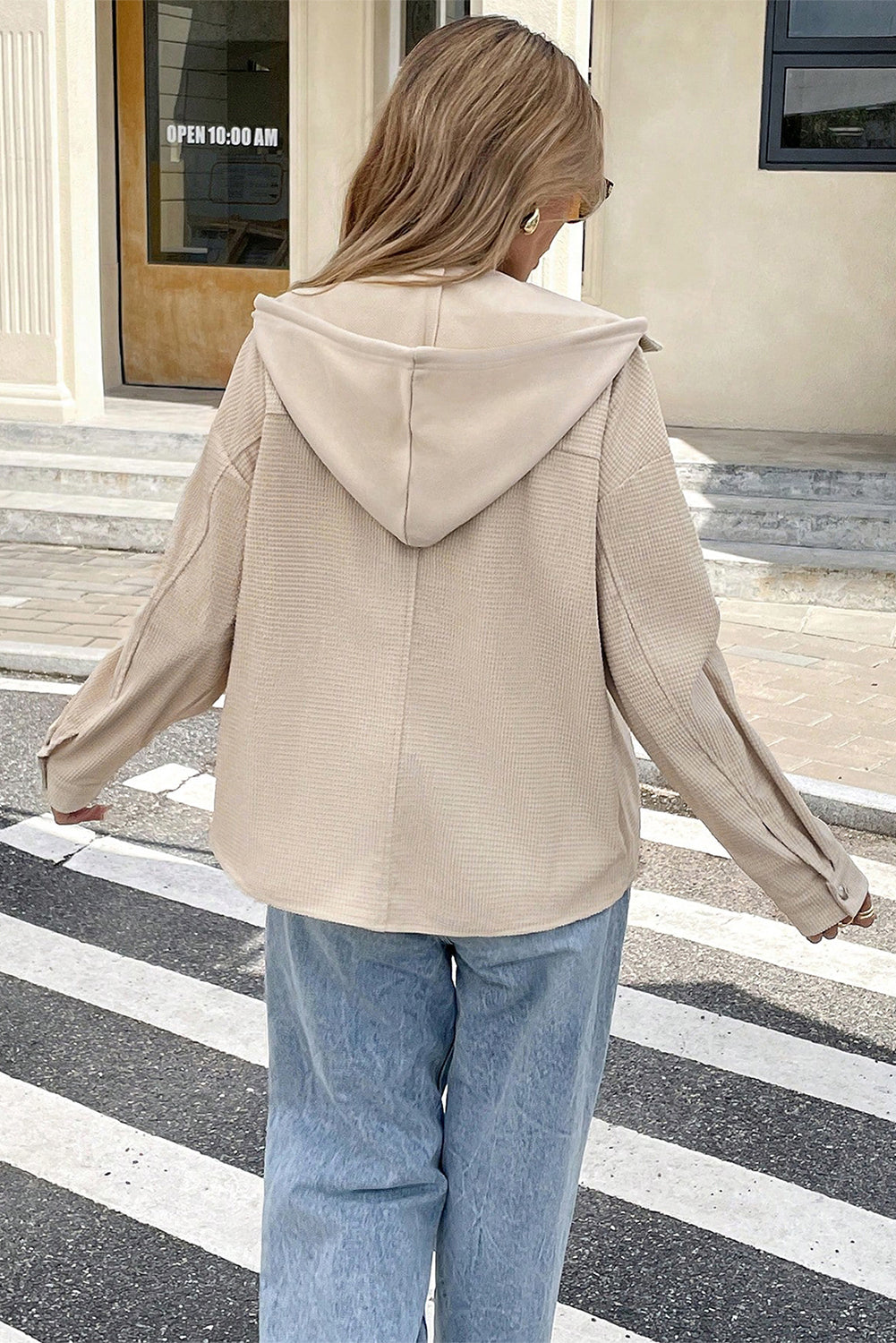 Textured Knit Pocketed Drawstring Hooded Jacket