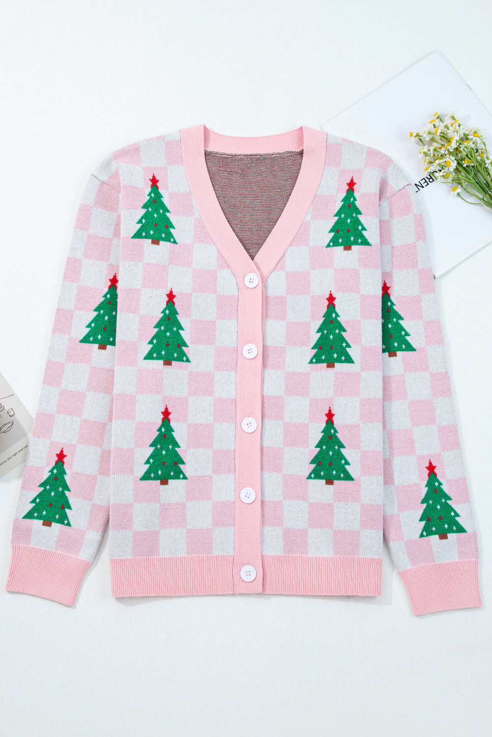 Checker Christmas Tree Buttoned V-Neck Cardigan Sweater