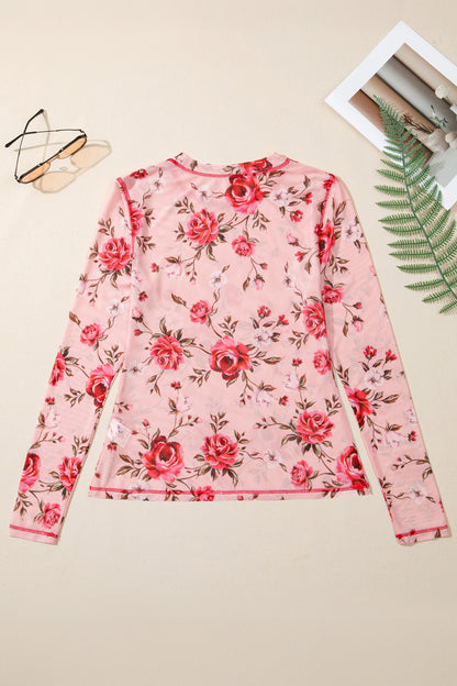 Floral Reverse Seam Mesh Long Sleeve Top