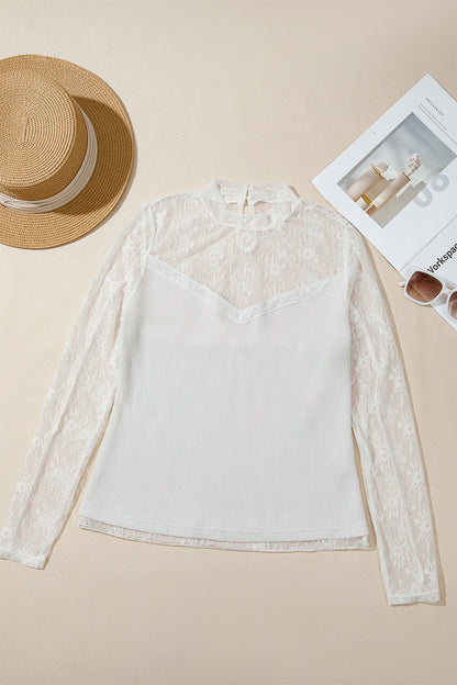 Lace Mesh Patchwork Ribbed Long Sleeve Top