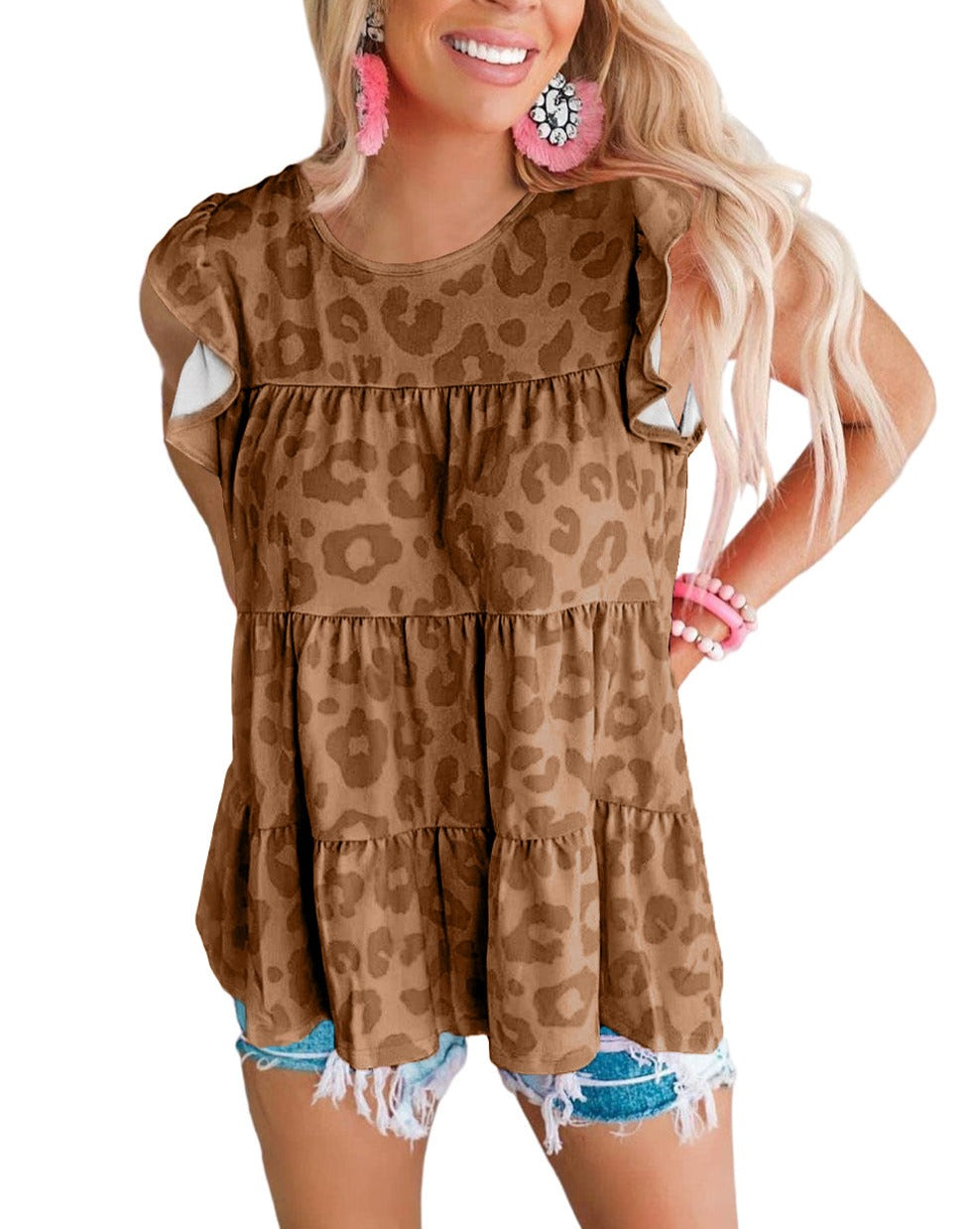 Leopard Flutter Sleeve Tiered Tank Top