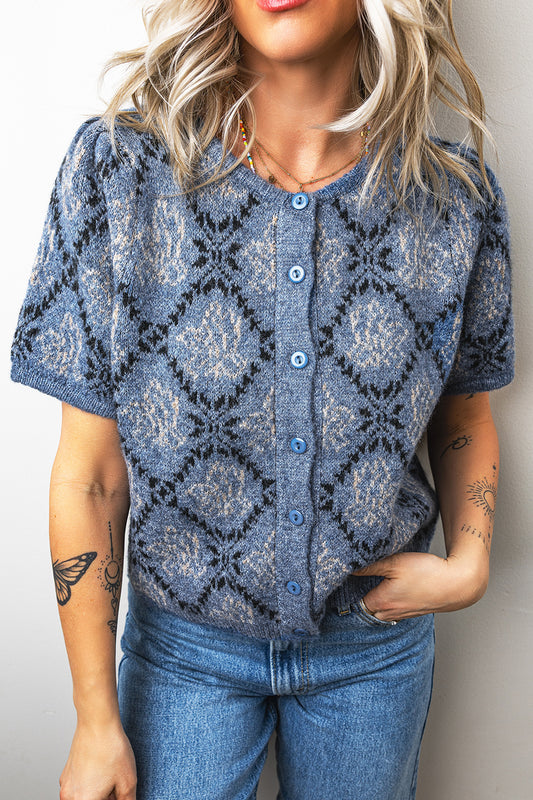 Boho Knit Short Sleeve Button Front Cardigan