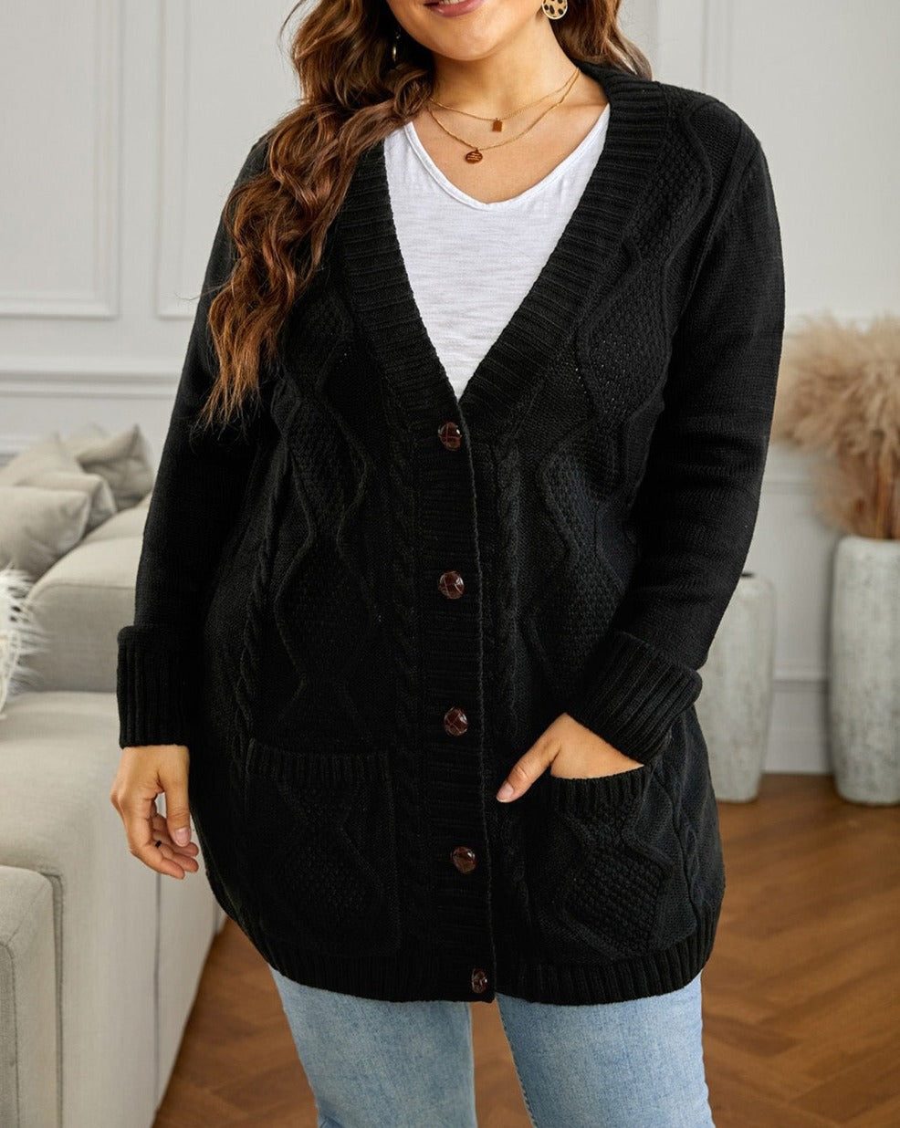 Cable Button Front Pocketed Cardigan