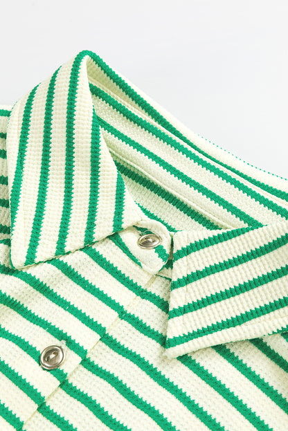 Stripe Short Sleeve Buttoned Collar Belted Romper
