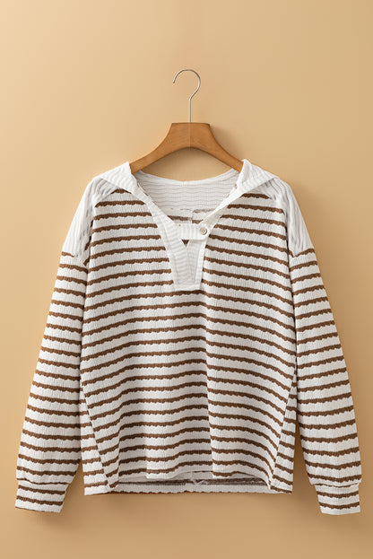 Stripe Textured Long Sleeve Hooded V-Neck Top
