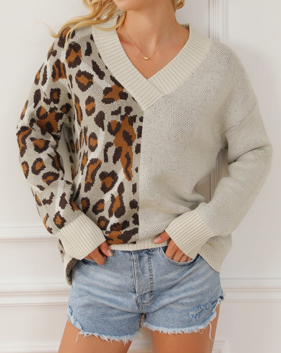 Leopard Colorblock V Neck Knit Sweater