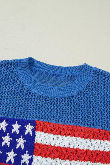 USA Flag Crochet Short Sleeve Sweater Top