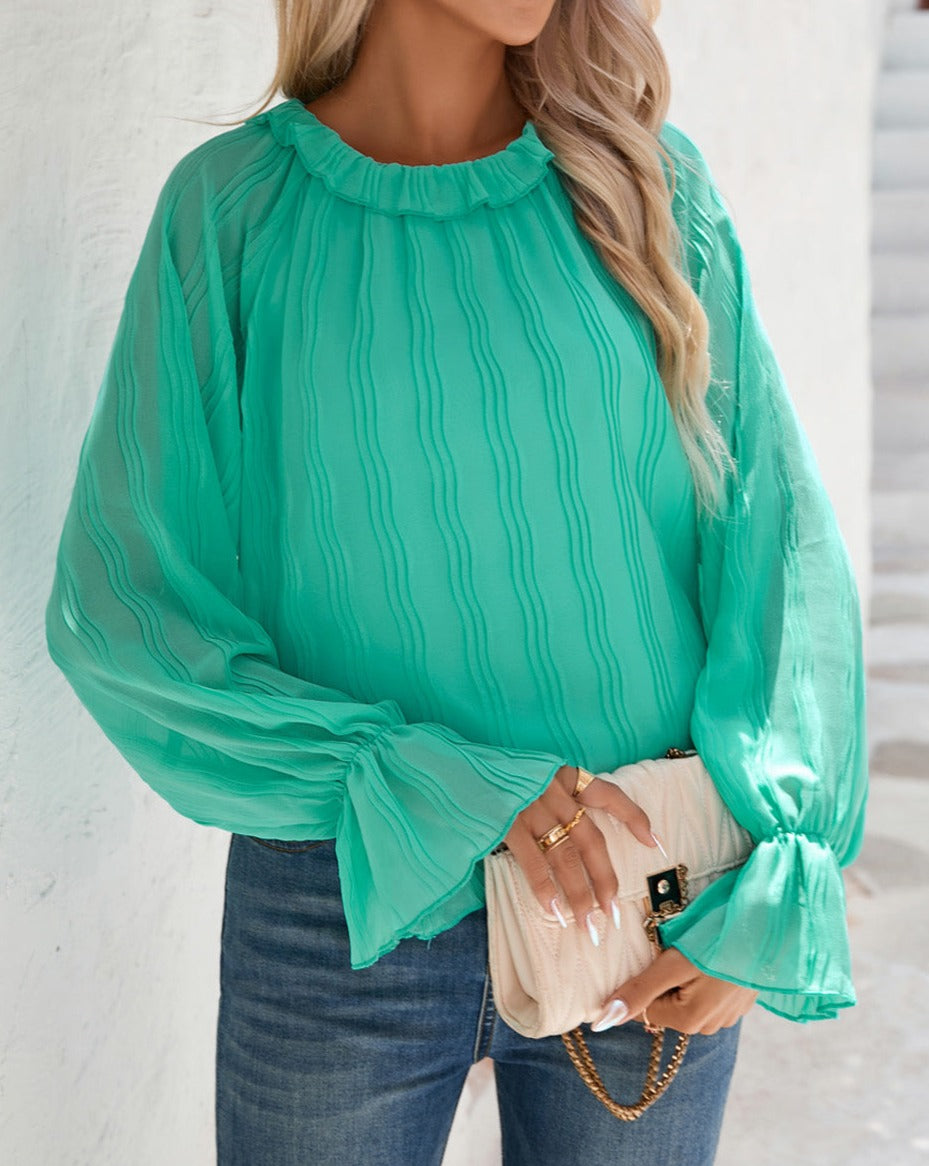 Pleated Flared Long Sleeve Blouse