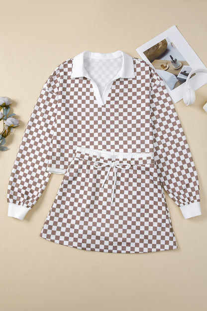 Checker Long Sleeve Top and Drawstring Mini Skirt Set
