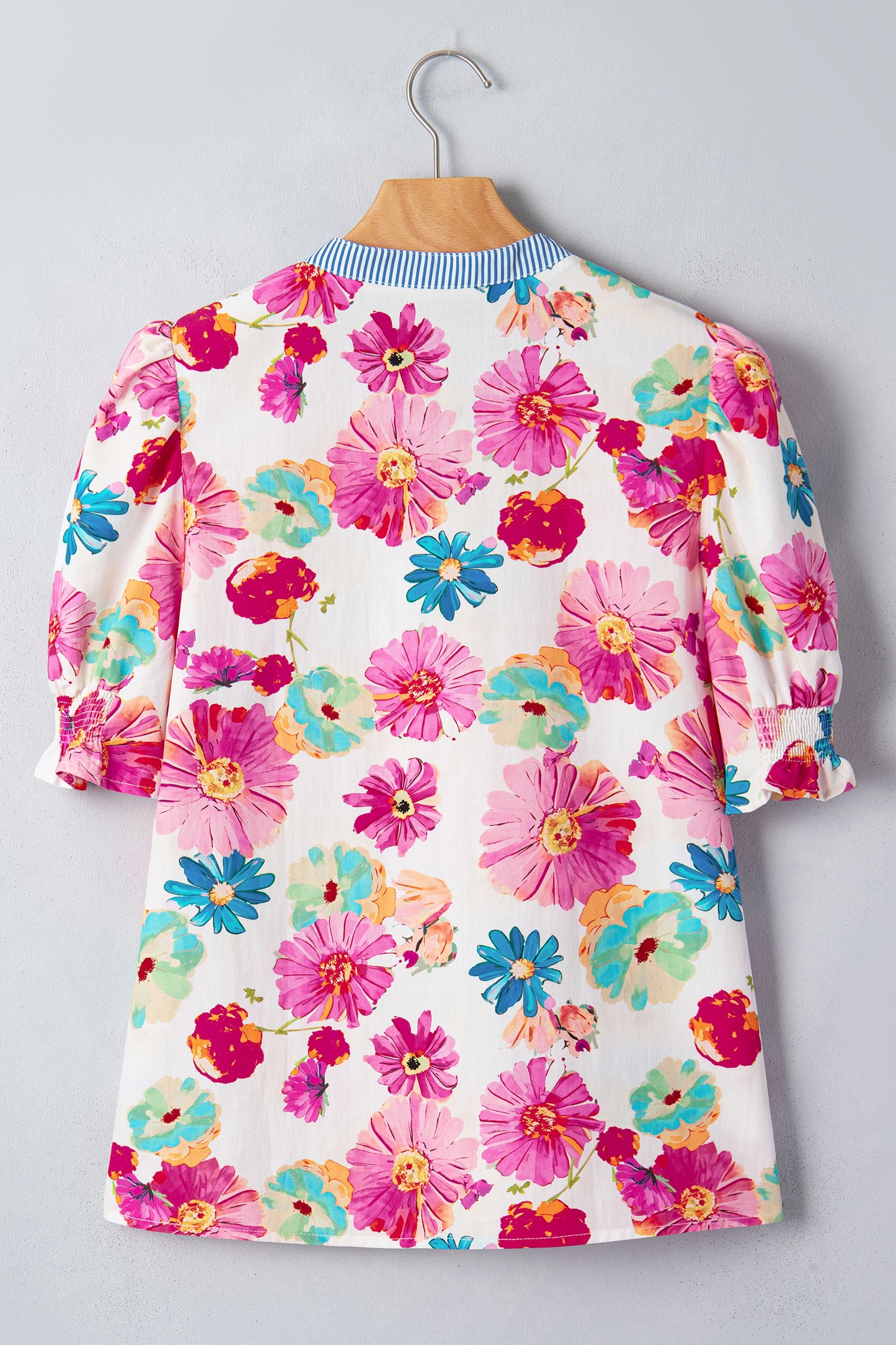 Floral Stripe Trim V-Neck Puff Sleeve Blouse